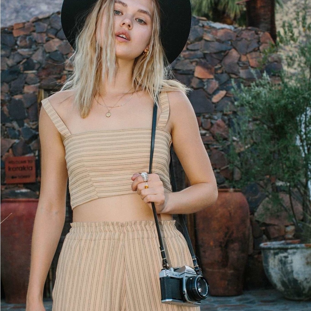 NEW Osaja Desert Striped Ruched‎ Top in Desert Tan Black Festival crop NWT XS